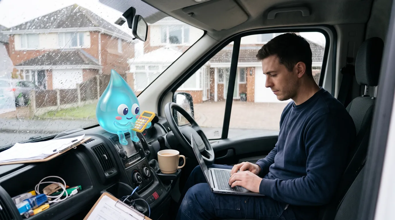 A window cleaner in the passenger seat of his van with a laptop and a mug of tea, checking his monthly takings as rain runs down the windscreen, with Zif on the dashboard holding a tiny calculator.