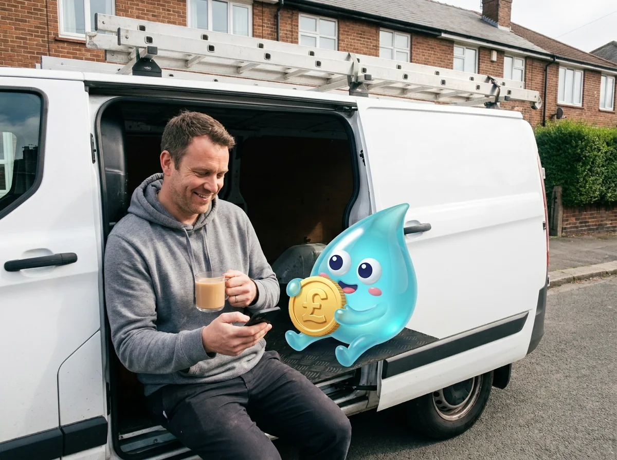 A window cleaner on a tea break by the van, with Zif alongside